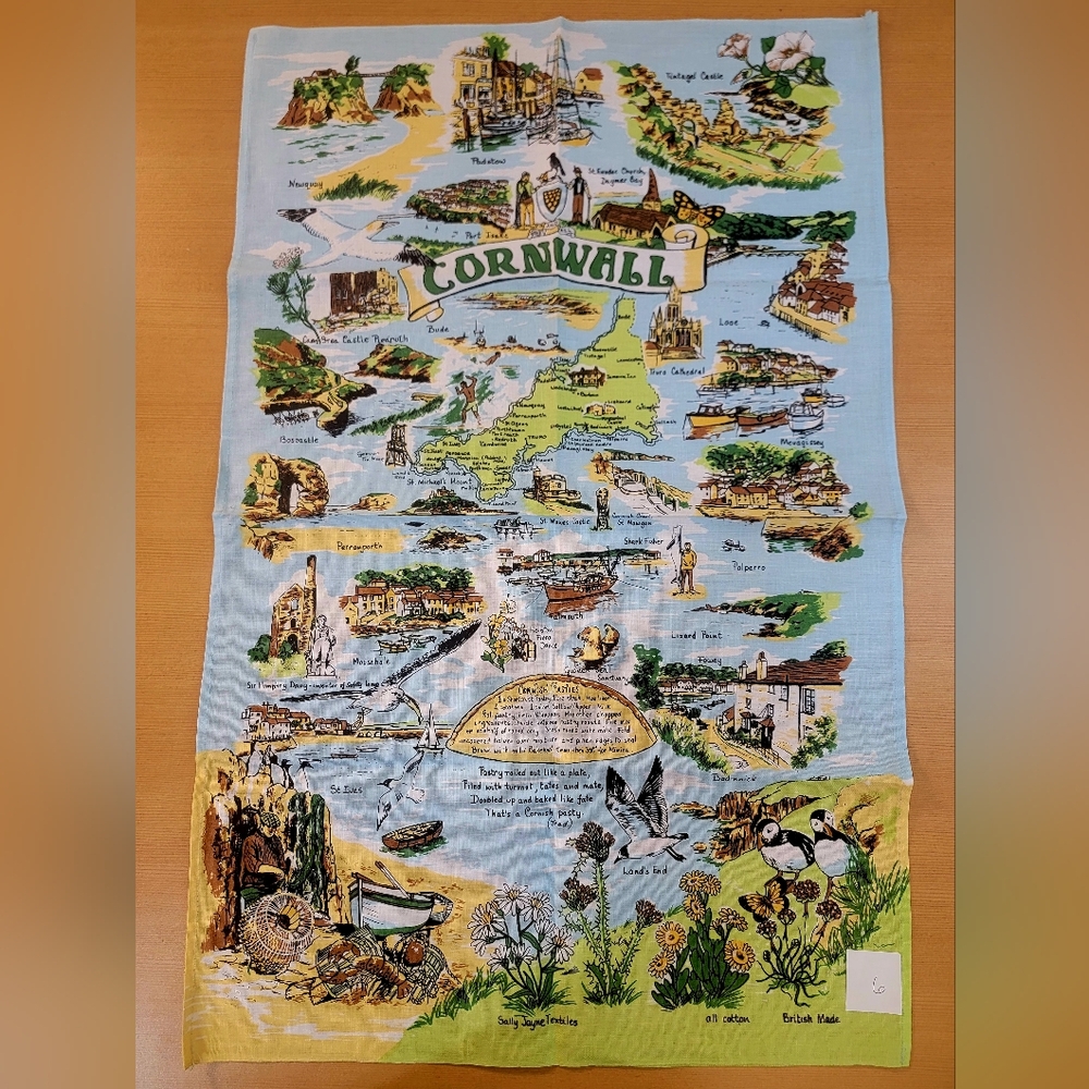 Vintage Cornwall Tea Towel – Illustrated Map, British Made